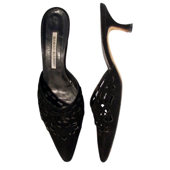 MANOLO BLAHNIK $515 Y2K Laser-Cut Kitten Heel Mules 37.5/7.5 - Made in ITALY - Picture 1 of 8
